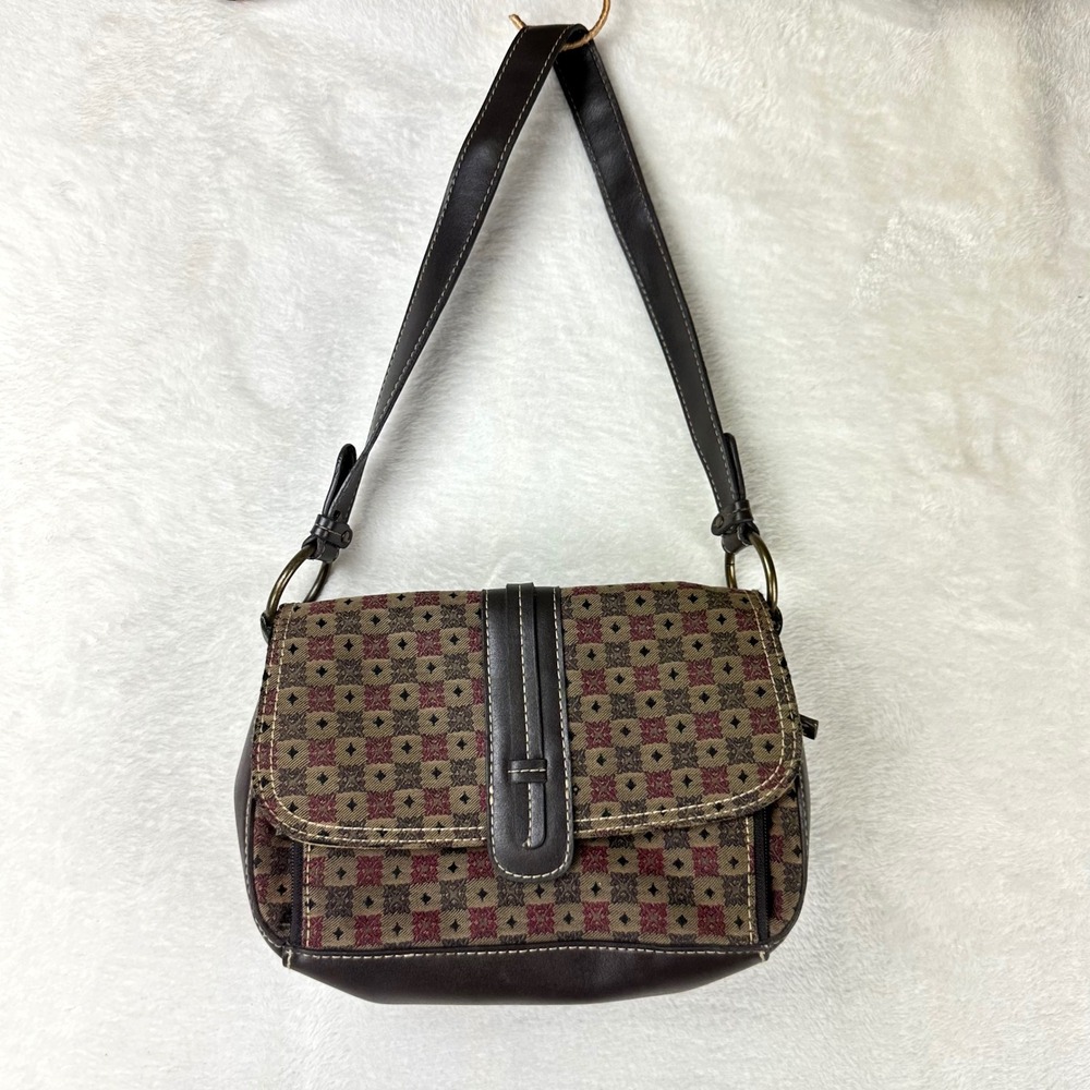 Villager Shoulder Bag Womens Geometric Diamond Flap Brown Red Canvas VTG 9x7